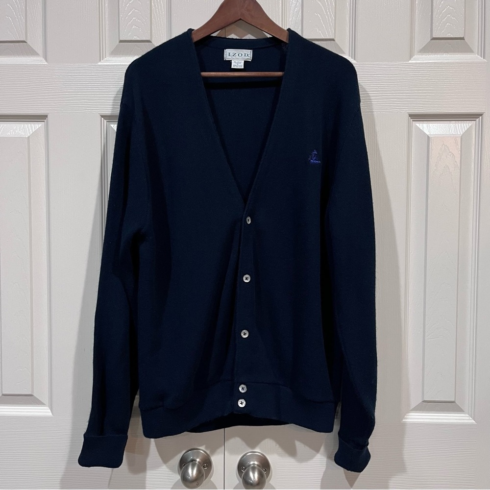 Vintage 90s Izod Mens Spell Out Knit Cardigan Sweater Navy Blue USA Size Large
